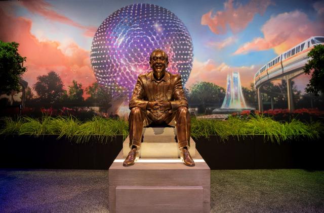 Image of Walt Disney statue in front of image of Epcot