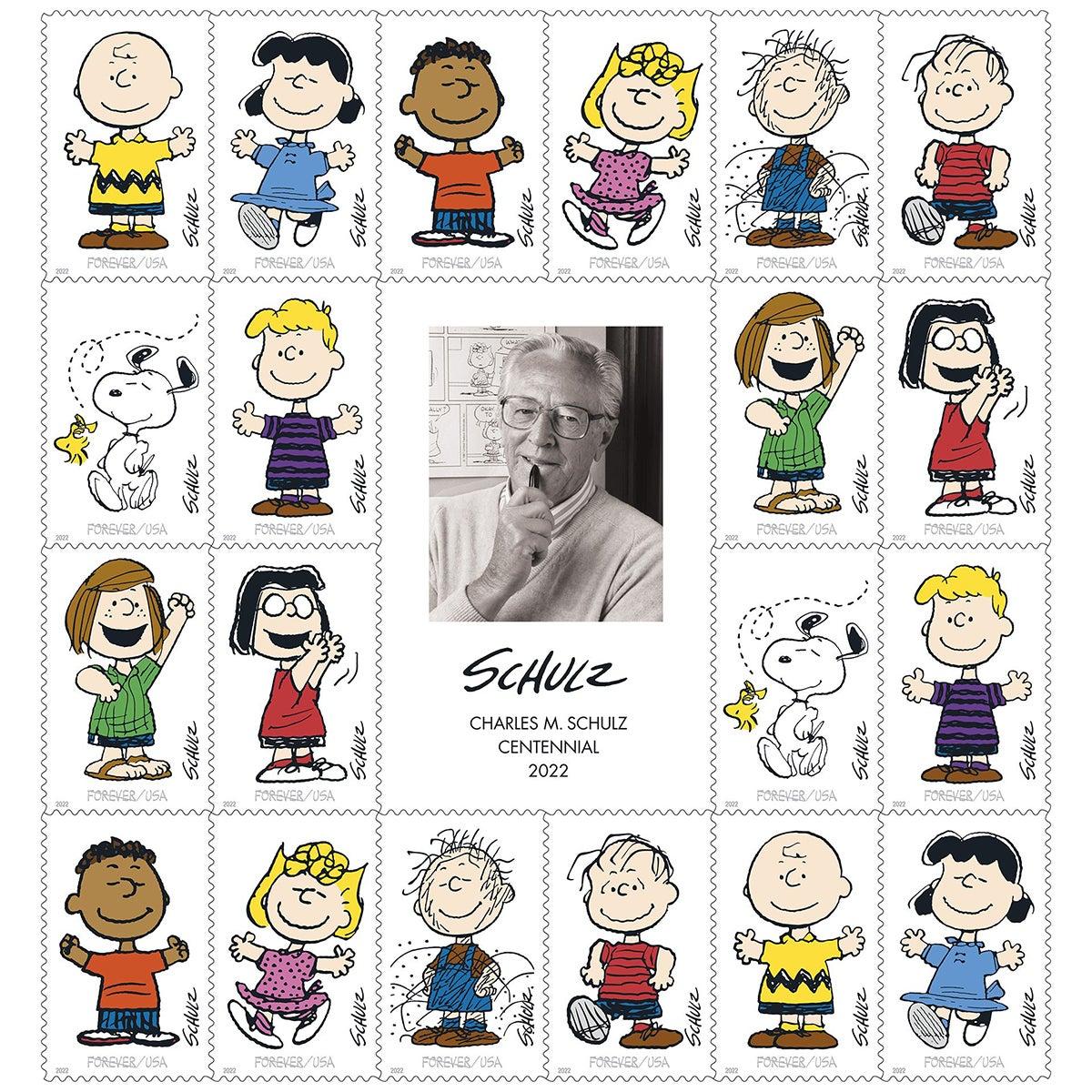 sheet of stamps featuring various Peanuts characters around a portrait of Charles M Schulz