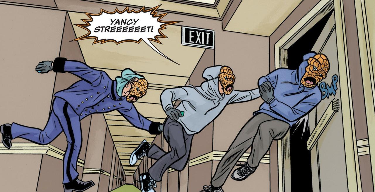 Three members of the Yancy Street Gang wearing Thing masks running out of an exit