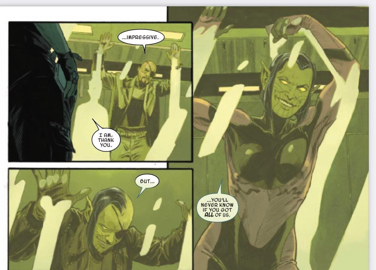 Maria Hill unmasks a Skrull (penciled by Francesco Mobili)