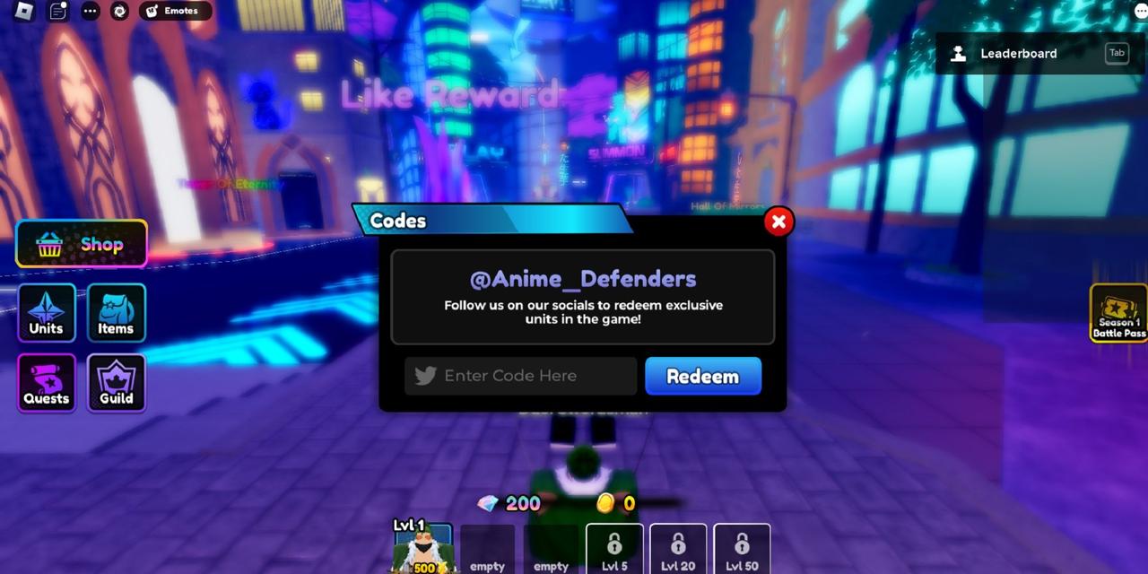 Code redemption screen for Anime Defenders