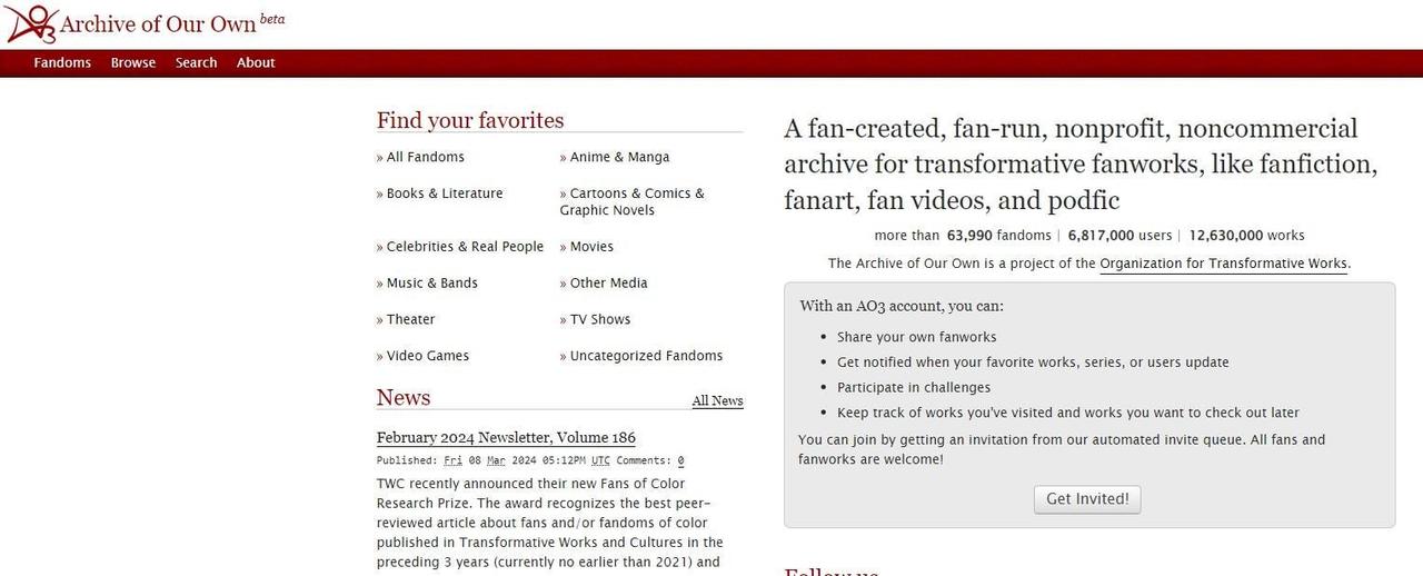 Screenshot of homepage for Ao3