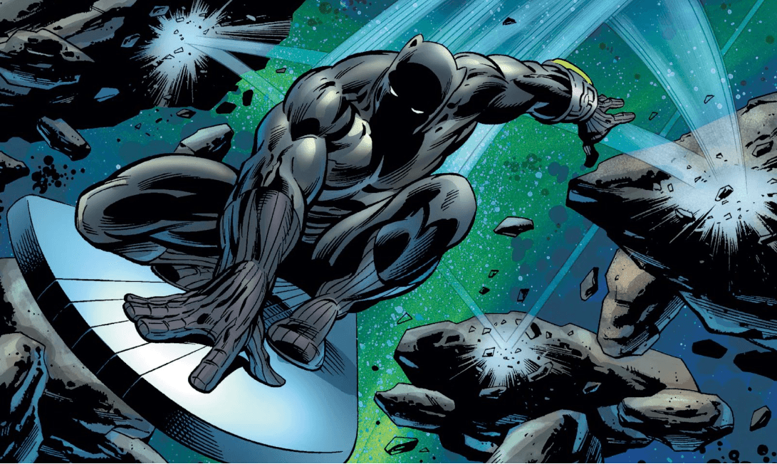 T’Challa rides Silver Surfer’s cosmic board through an asteroid field. Art by Paul Pelletier, Rick Magyar, and Paul Mounts, from Fantastic Four #545.