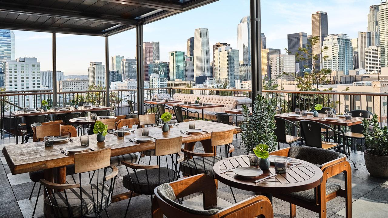 Photograph of empty Cara Cara with Los Angeles skyline in the background