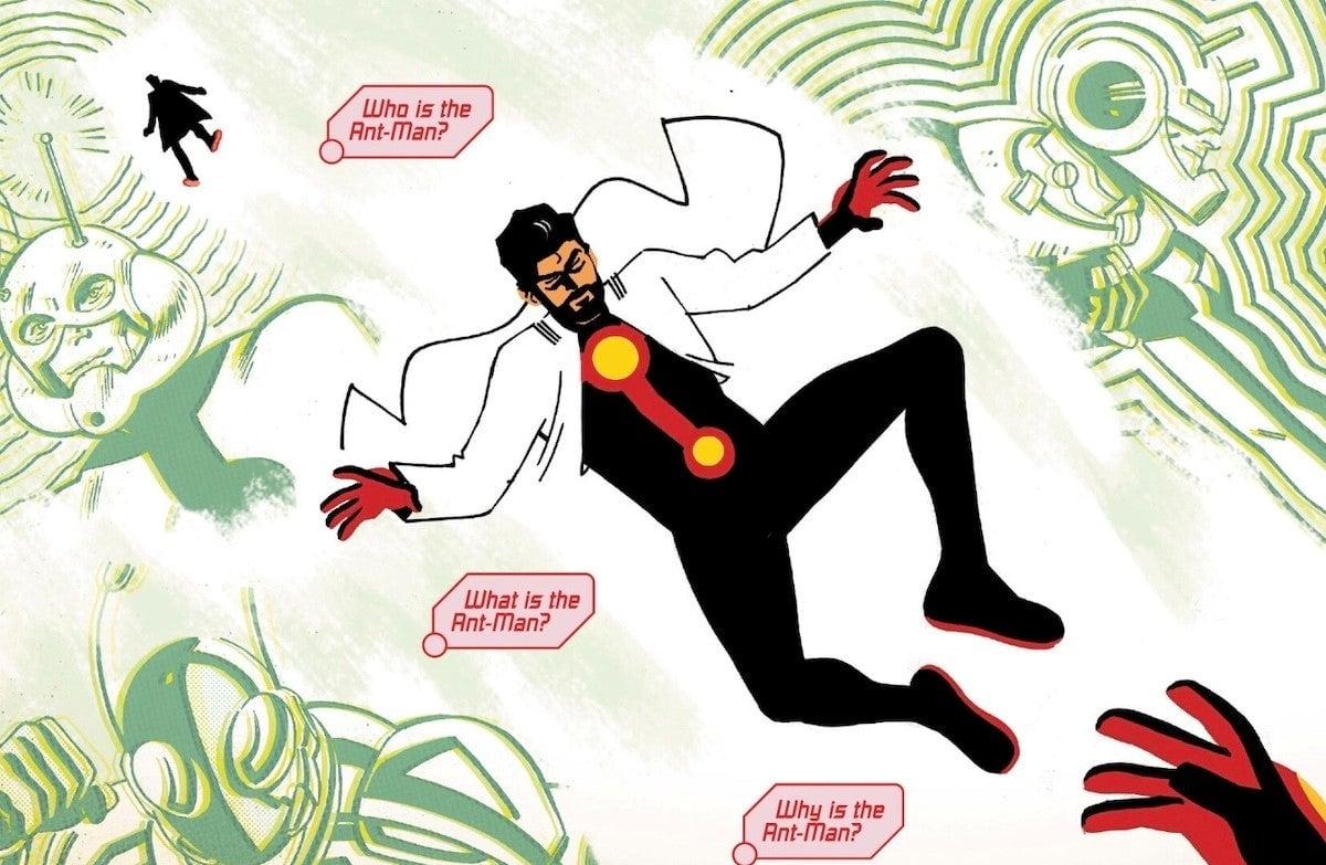 Internal panel of ant man wearing a lab coat