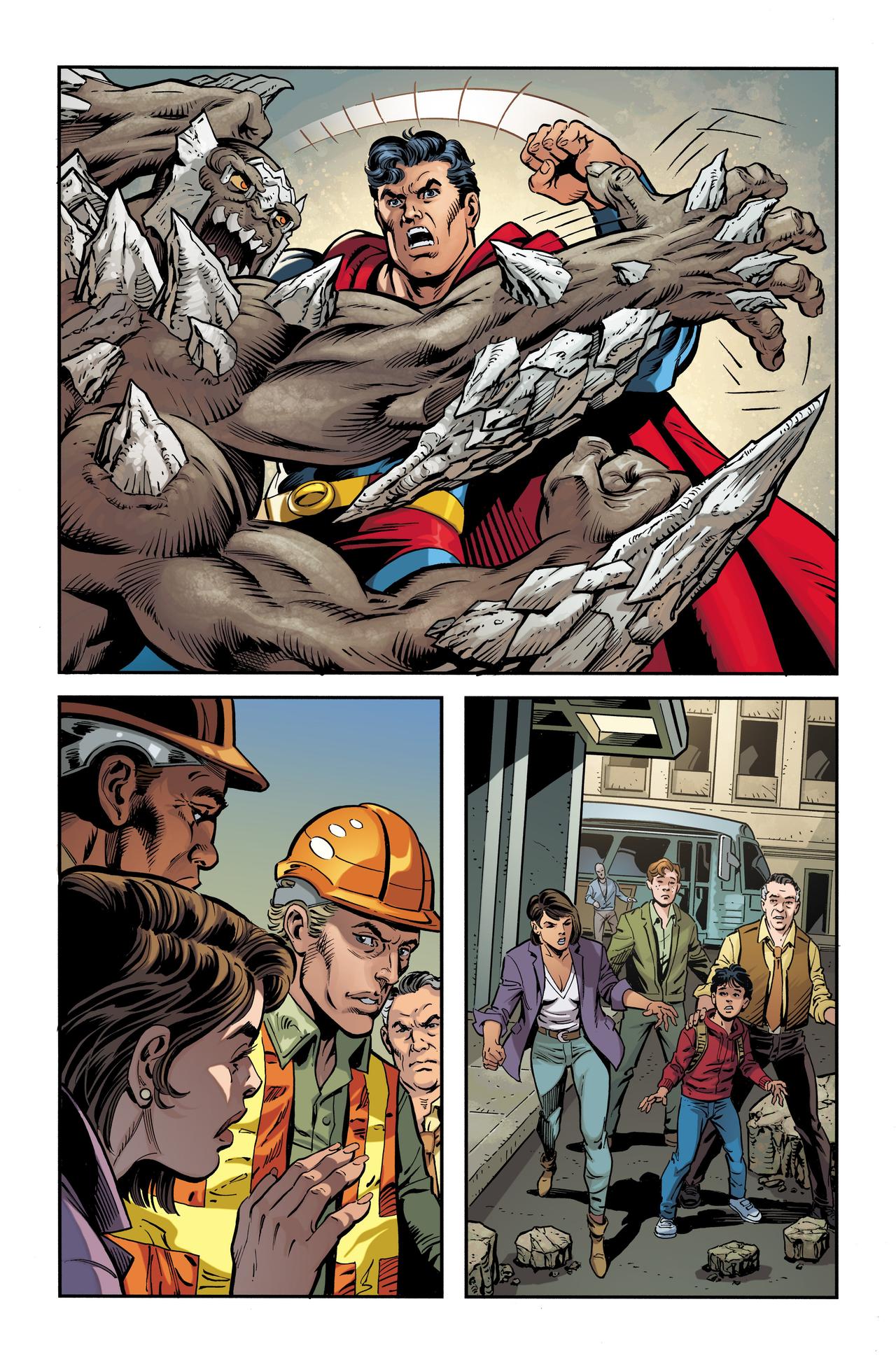 Interior comics page featuring Superman fighting as people watch on