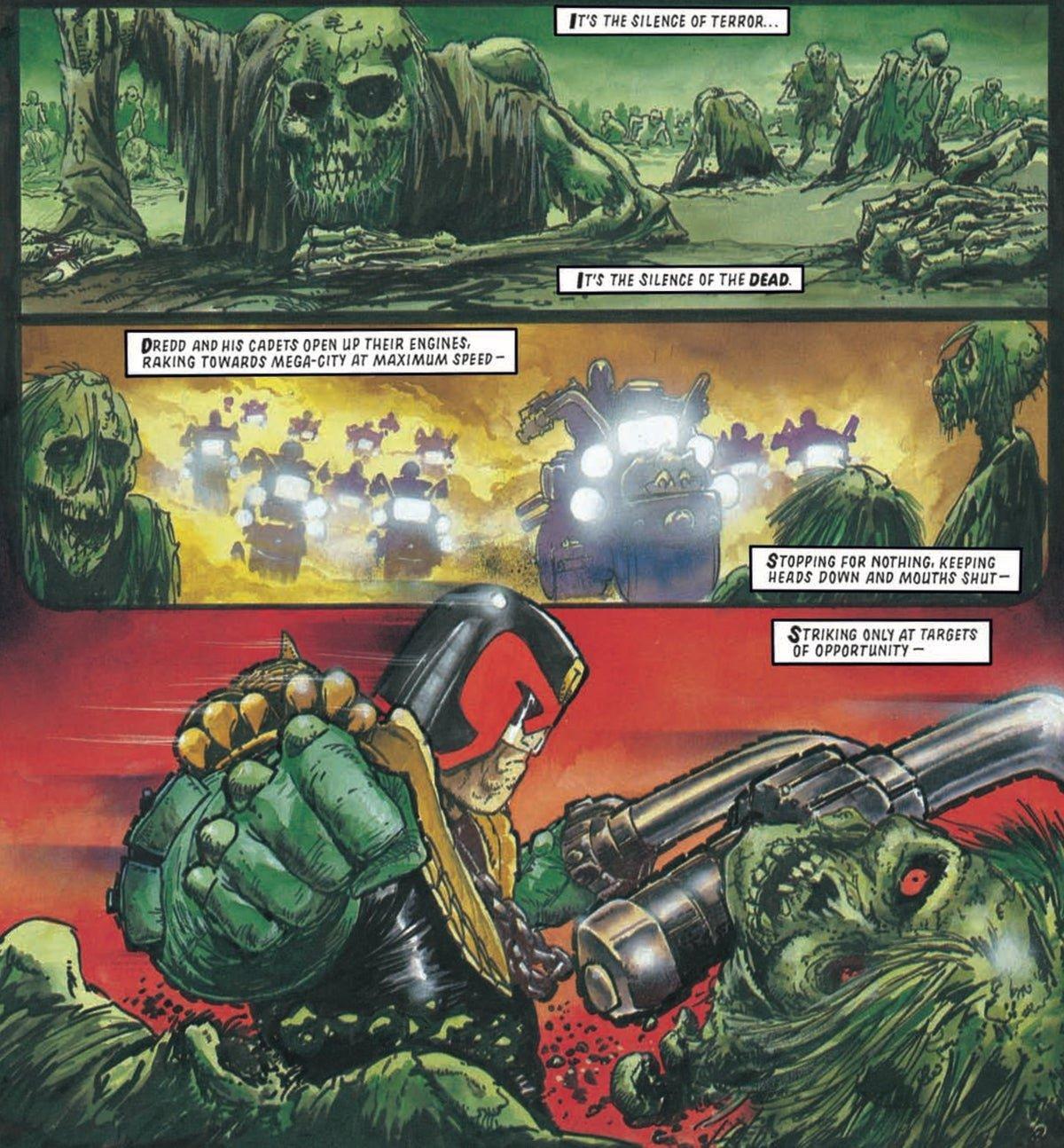 Interior image of Judge Dredd's crew on motorbikes, starting a fight