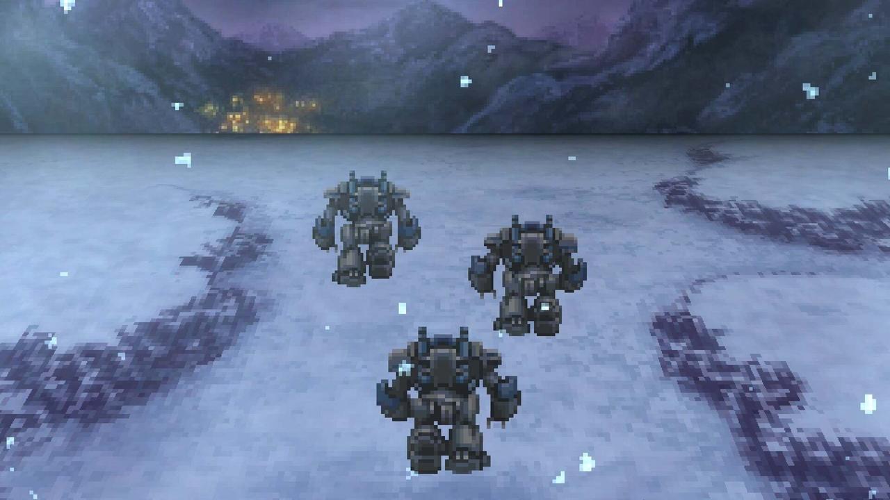 Mechs walk through the snow