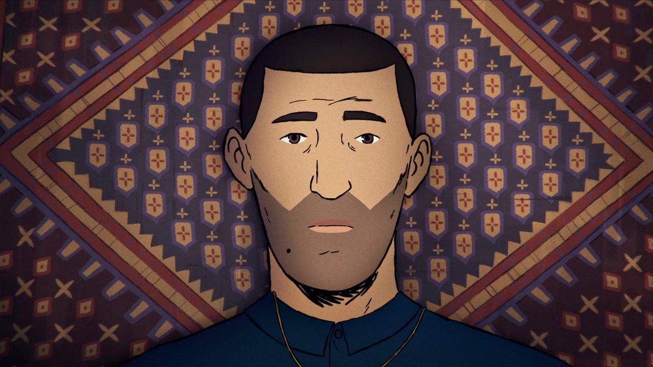 Still image of a man from animated documentary Flee