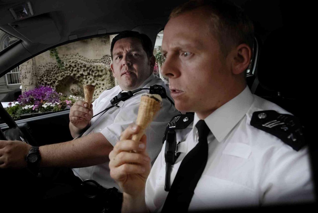 A still from Hot Fuzz featuring a Cornetto ice cream cone