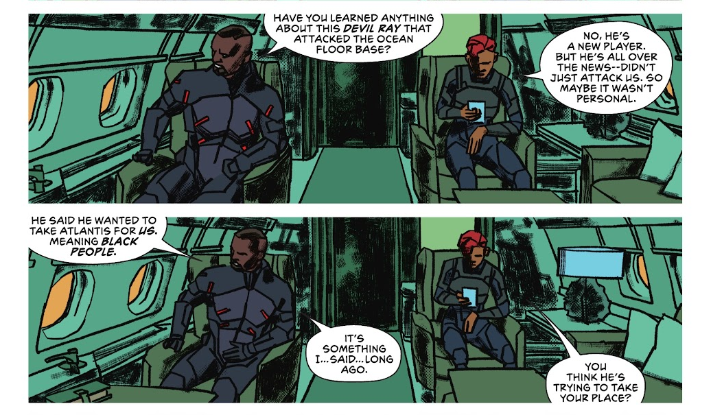 Two comic book panels featuring Black Manta looking out of a window