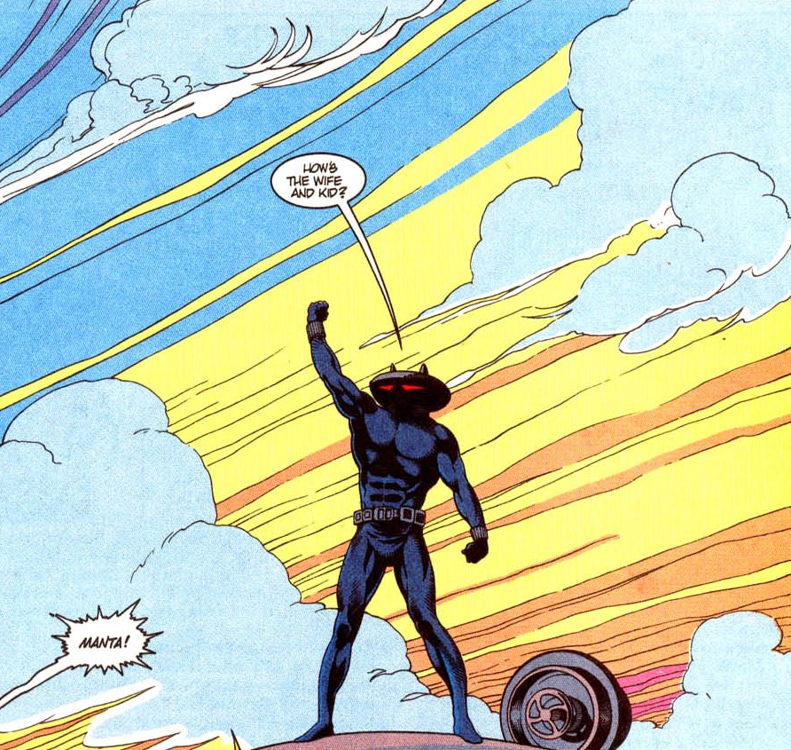 Illustration of a supervillain wearing a ray shaped helmet with his arm in the air yelling