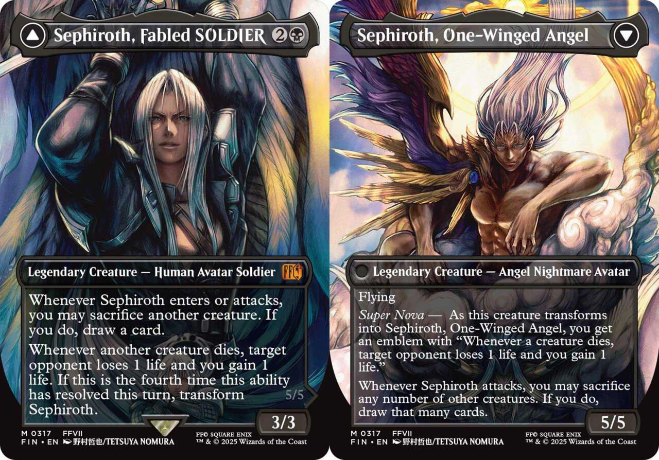 Images of the Sephiroth cards from the Magic: The Gathering x Final Fantasy crossover