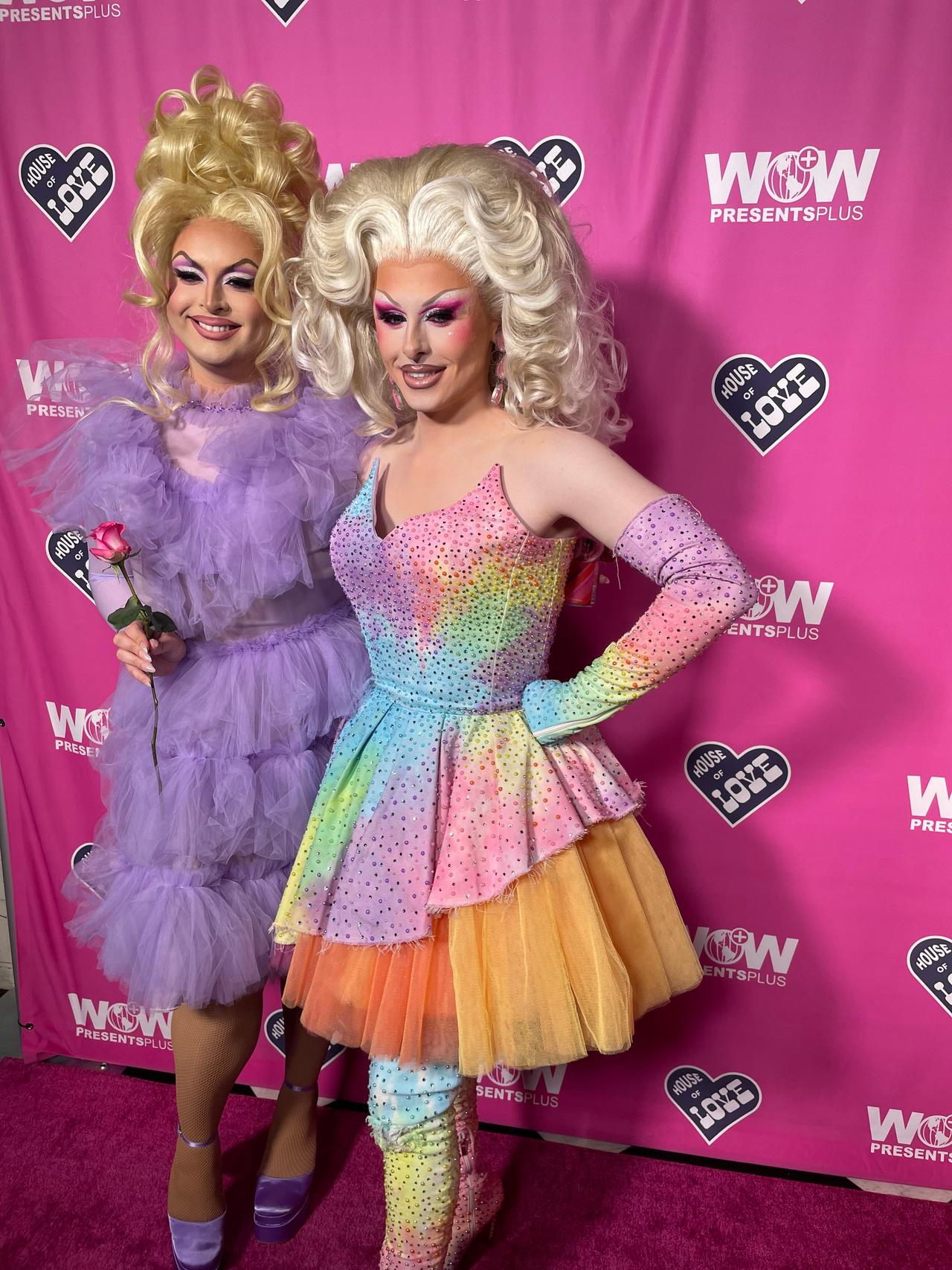 Cheryl Hole and Blu Hydrangea on the pink carpet of RuPaul's Drag Race UK season 5