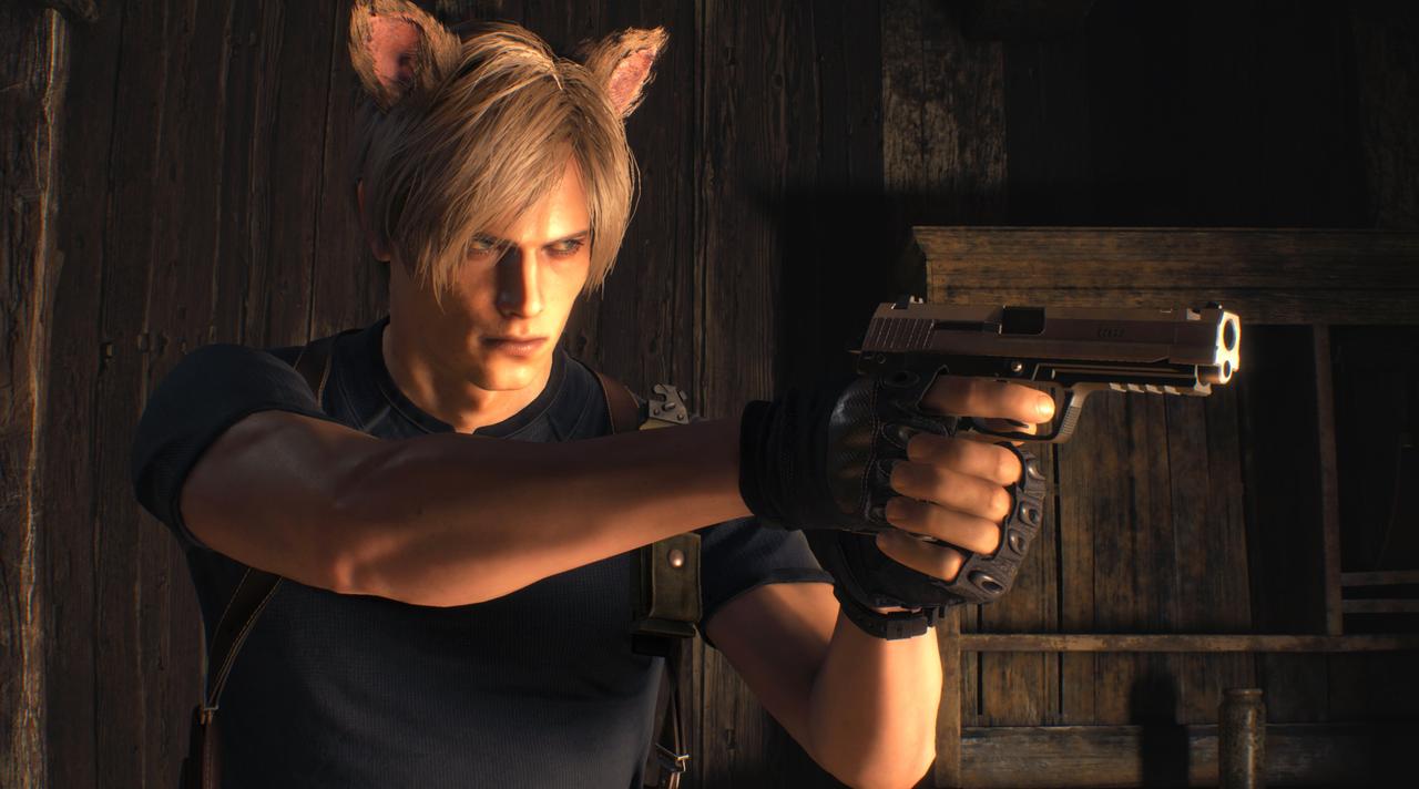 An image of Leon and cat ears in Resident Evil 4 Remake