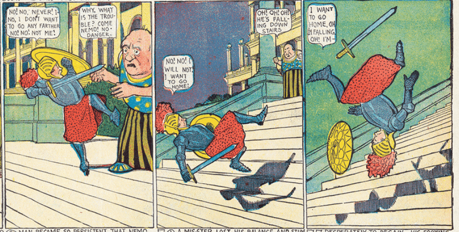 Three panels of color comics featuring Little Nemo falling down the stairs