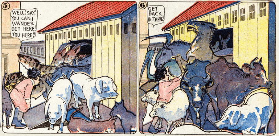 Two comics panels in color featuring a group of animals in twos coming out of a house