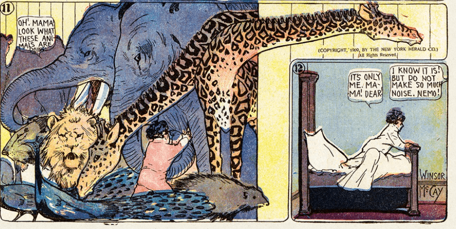 Comics panel featuring a giraffe and other animals and then Nemo in his bed