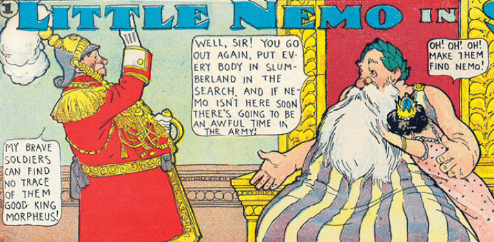 Illustrated comics panel of a bearded man in a throne talking to a soldier in a plumed hat