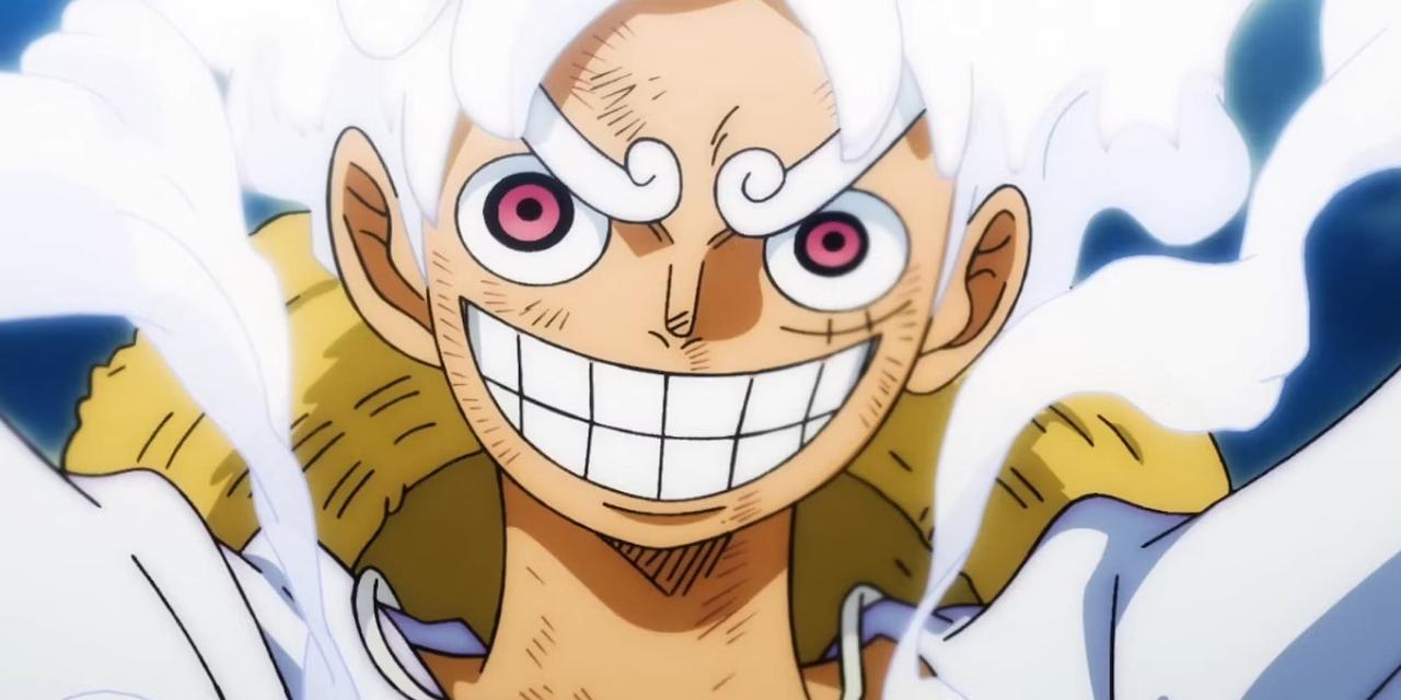 Luffy in Gear 5 form with red eyes and white hair