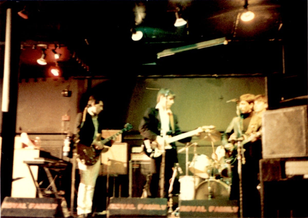 Grant Morrison on stage in 1984