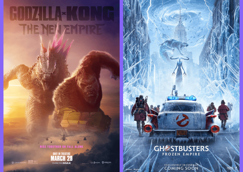 Godzilla x Kong The New Empire poster next to Ghsotbusters Frozen Empire poster