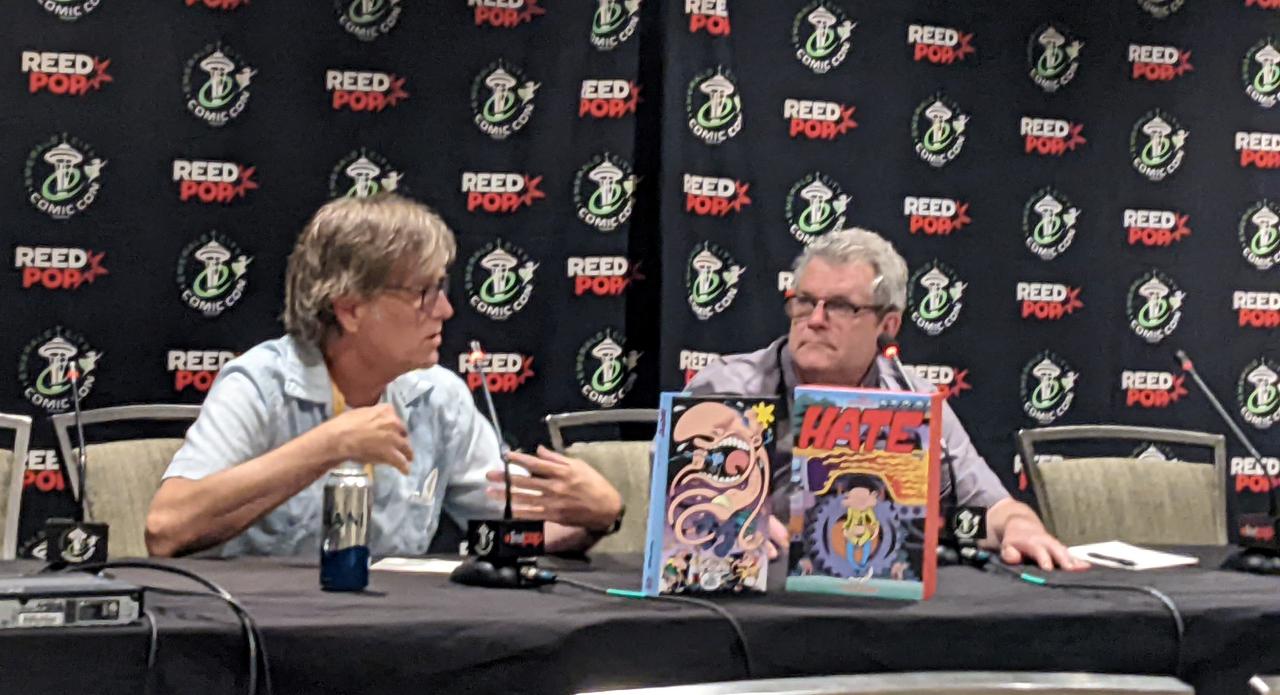 Eric Reynolds and Peter Bagge on a panel stage