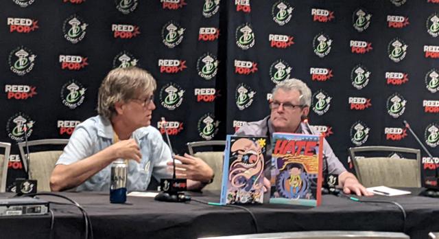 Eric Reynolds and Peter Bagge on a panel stage