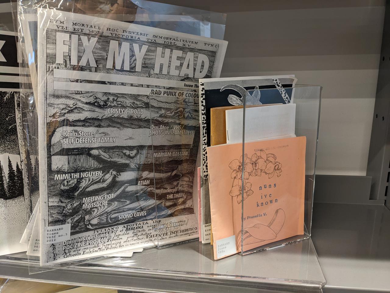 A photograph of zines on a shelf