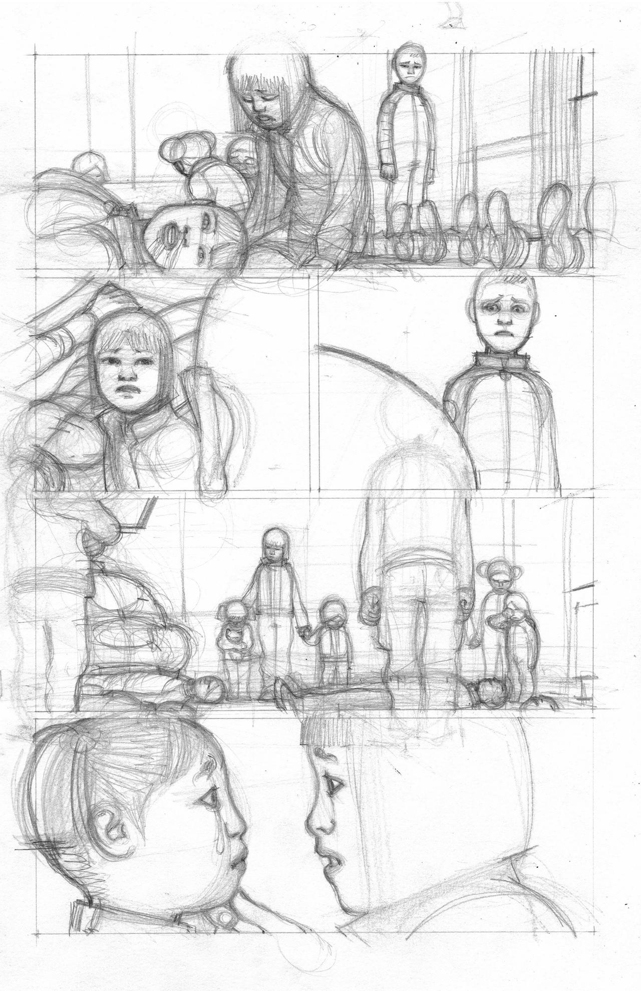 Interior sketch page of Sentient, Gabriel Walta