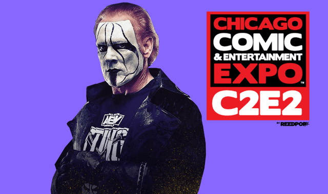 The wrestler Sting next to C2E2 logo