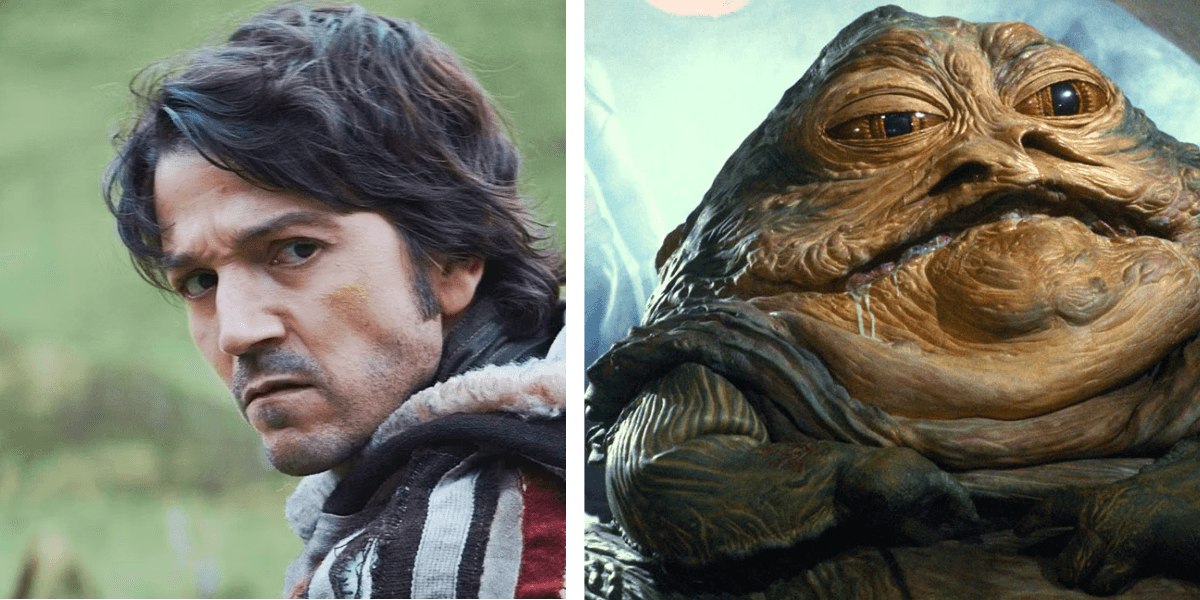 Photograph of Diego Luna as Cassian Andor next to an image of Jabba the hutt