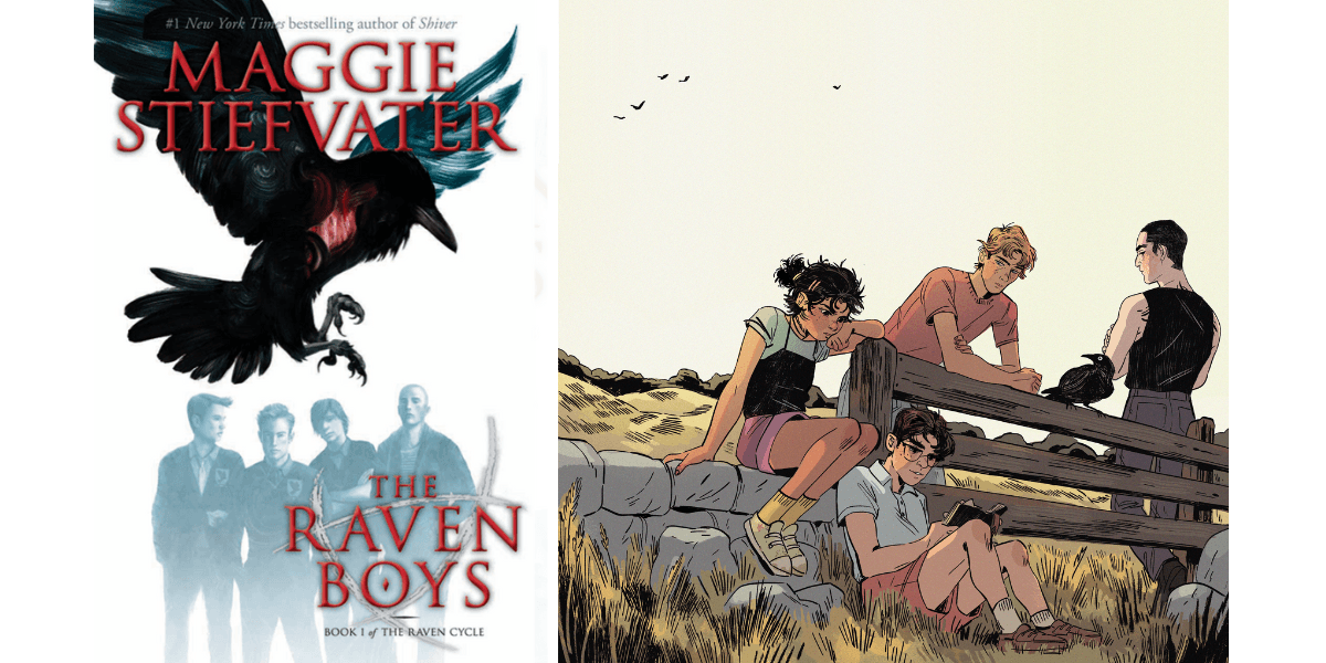 Cover of The Raven Boys designed by Adam S Doyle next to promotional art by Sas Milledge