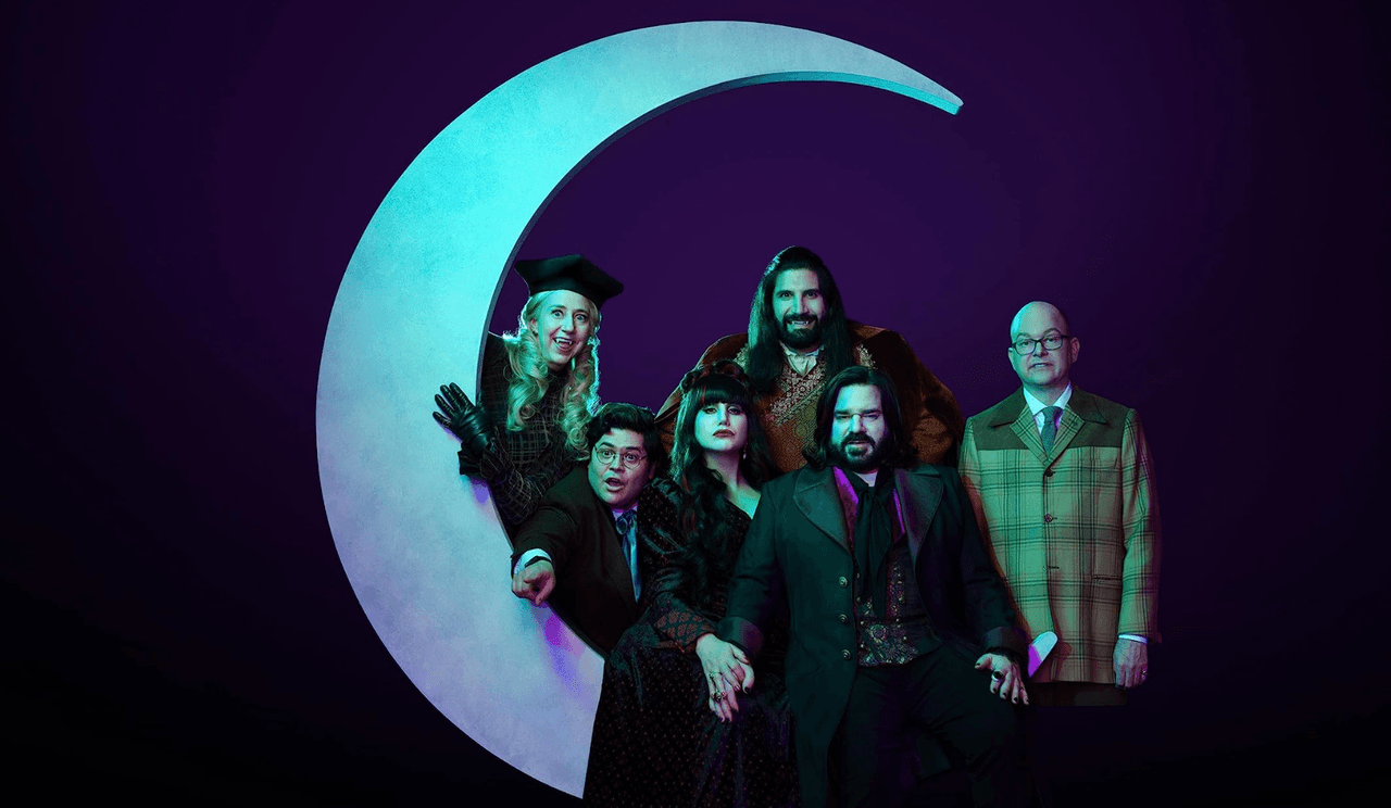 Kristen Schaal, Kayvan Novak, Mark Proksch, Matt Berry, Harvey Guillén, and Natasia Demetriou in What We Do in the Shadows (2019)