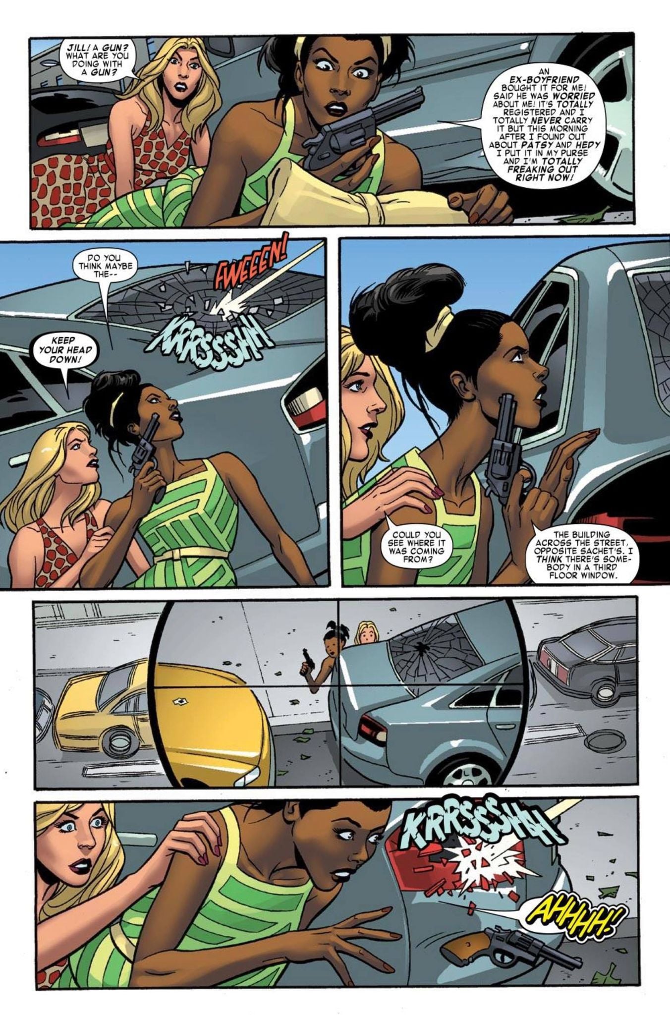 Millie and Jill dodge gunfire (from Models Inc #3)