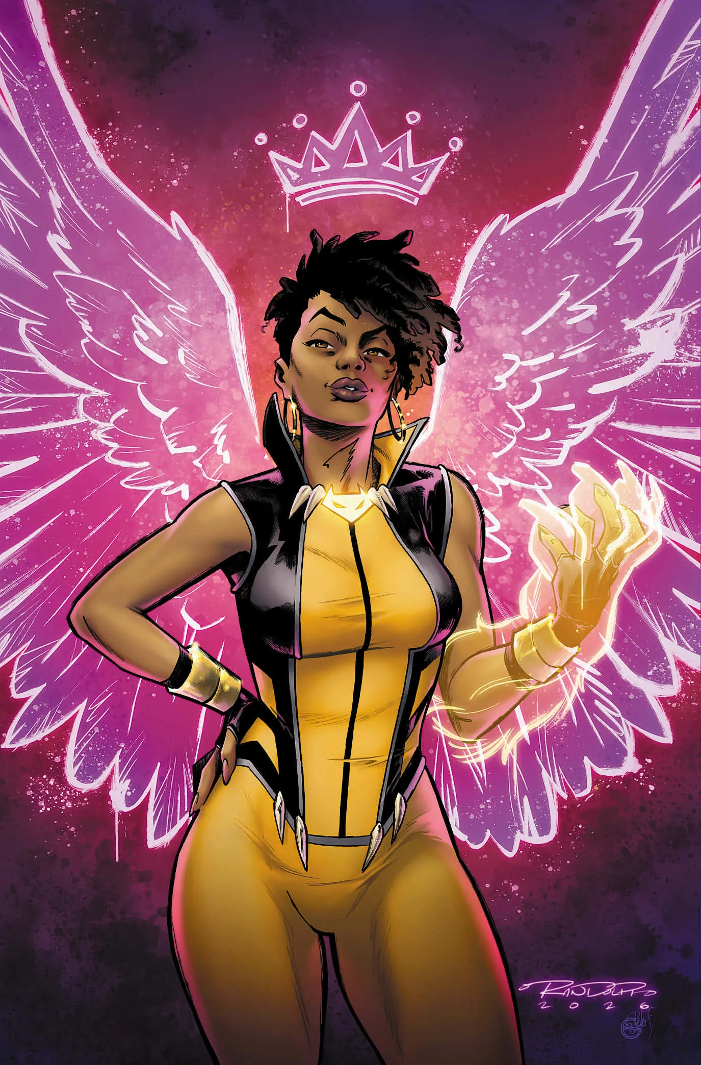 ari McCabe, the superhero Vixen, a black woman in a yellow and black suit with a high collar and a glowing totem that looks like a fox at her chest. One of her hands has a glowing animal paw encasing it. Behind her are a pair of glowing pink wings and above her head a glowing pink crown floats.