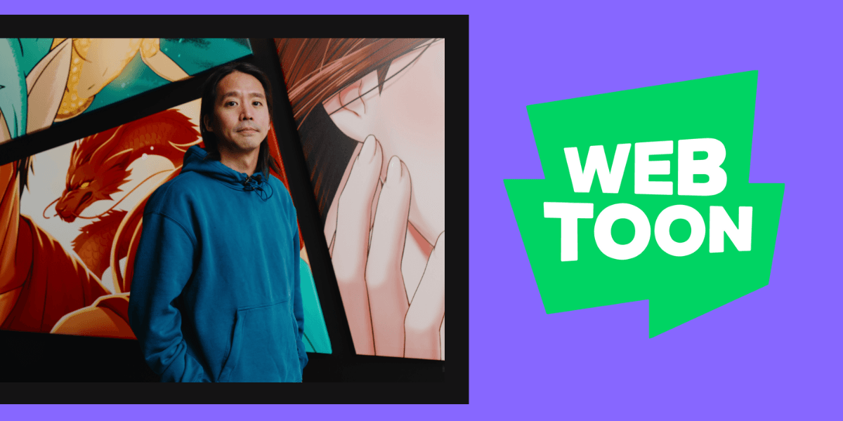 Headshot of David Lee in front of a comics art wall next to a Webtoon Logo