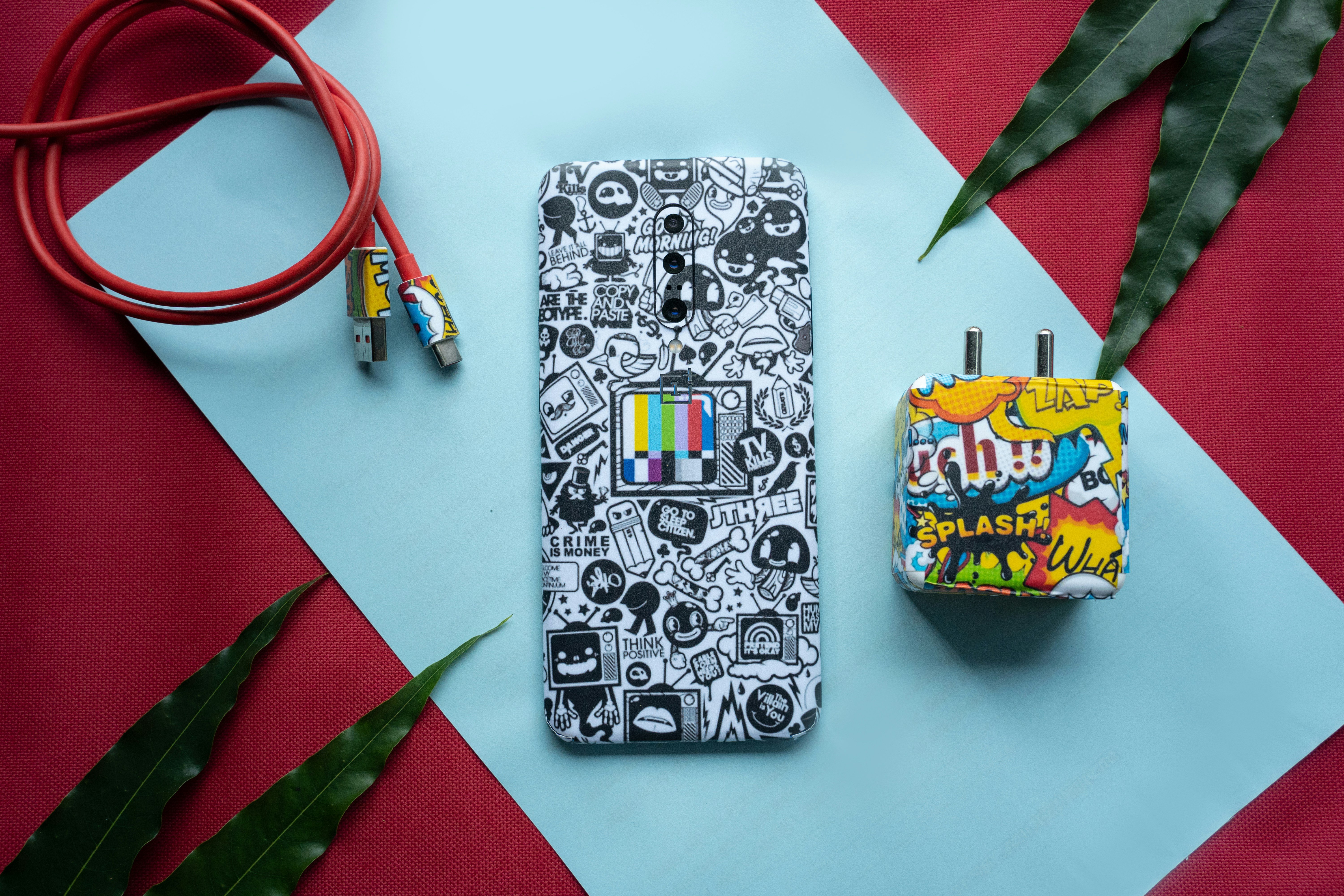 mobile phone and charger with skin wrapped on