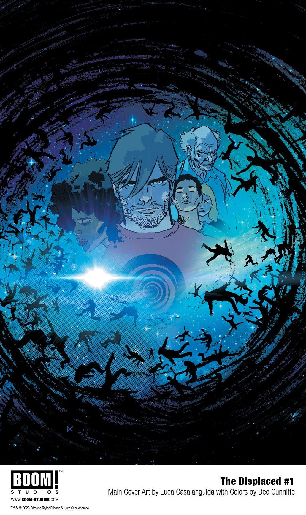 Covers and interior pages from The Displaced