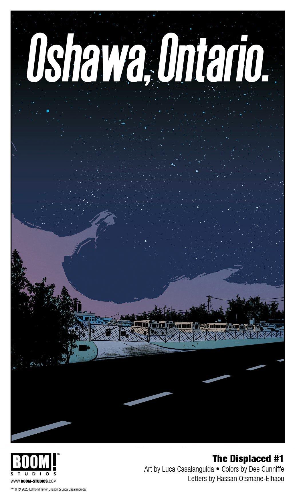 Covers and interior pages from The Displaced