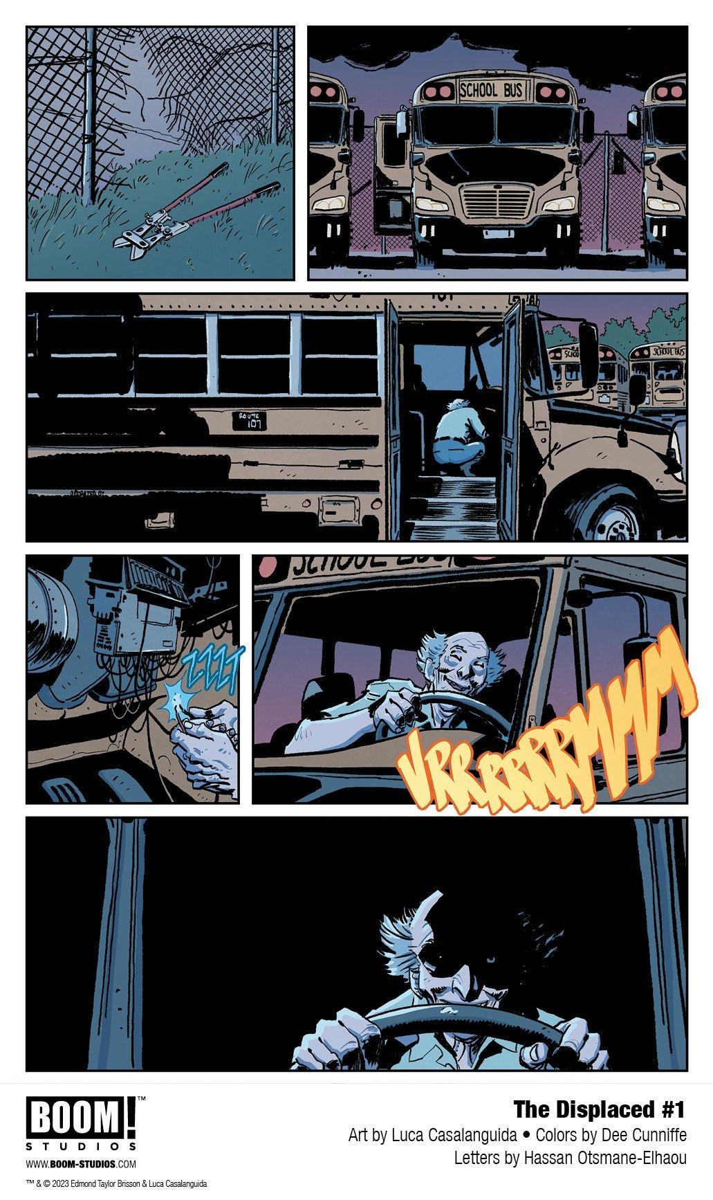 Covers and interior pages from The Displaced