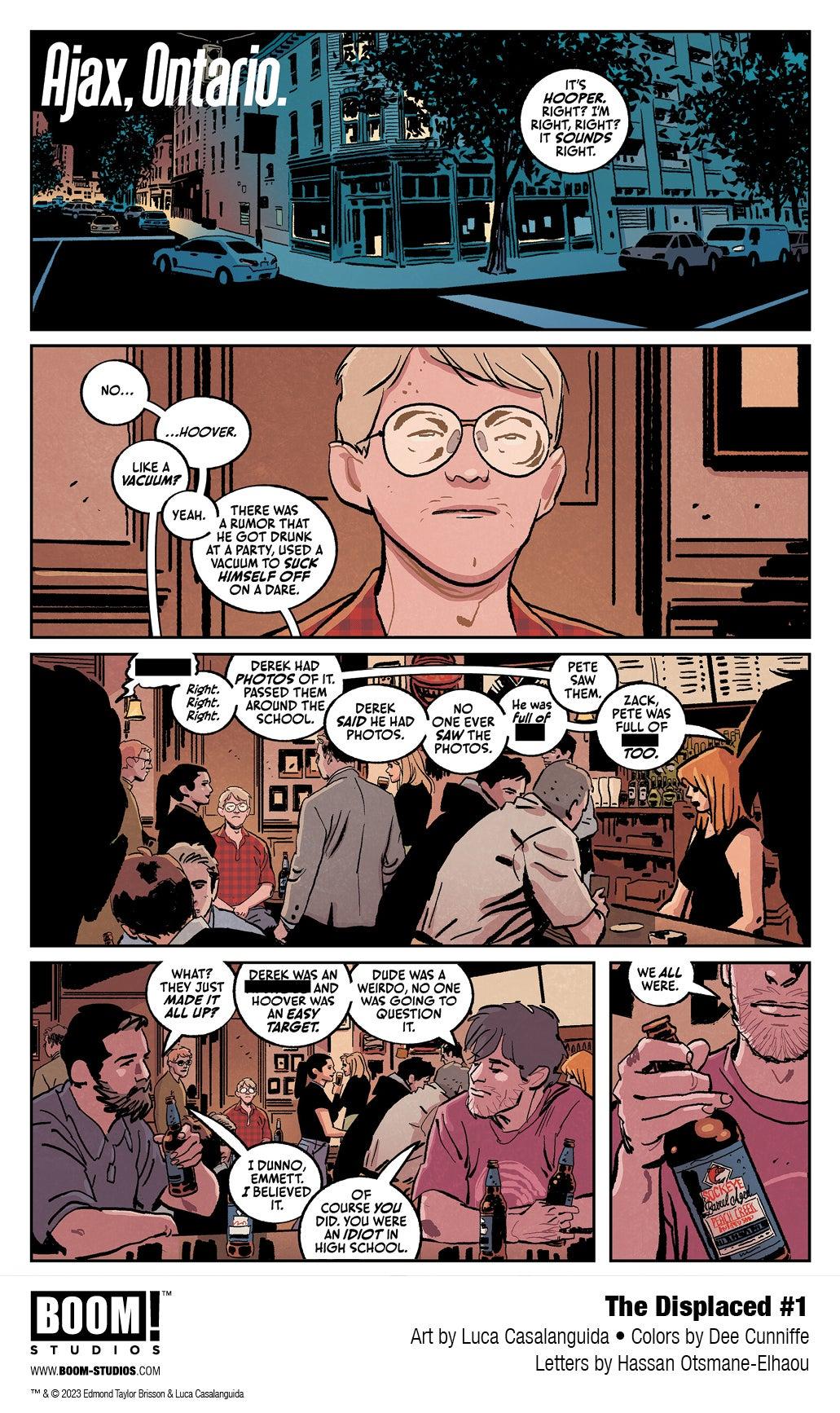 Covers and interior pages from The Displaced