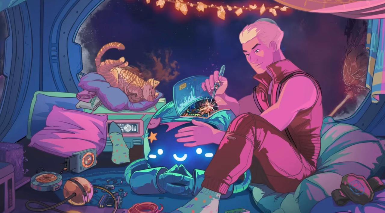 A still from the artwork by Ricardo Bessa featured in Magic: The Gathering's Cosmic Synthwave Playlist | Edge of Eternities video on YouTube