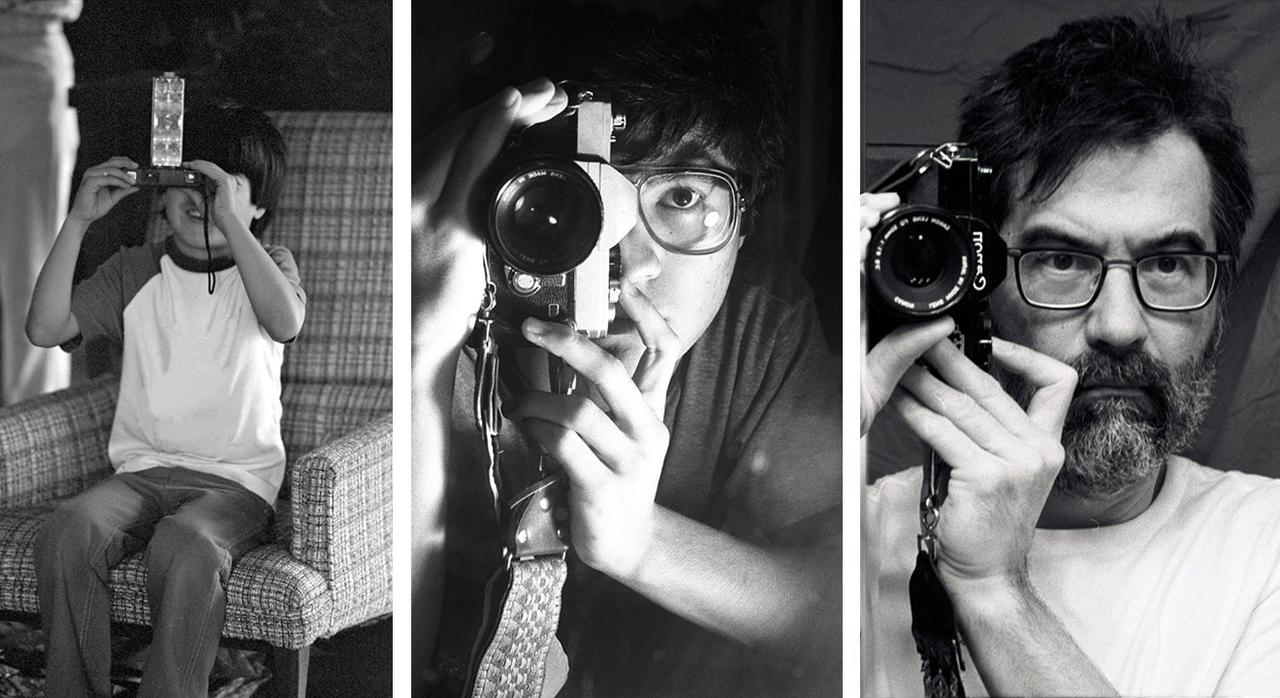 Three images of Greg Pak taking a photo of himself (black and white)