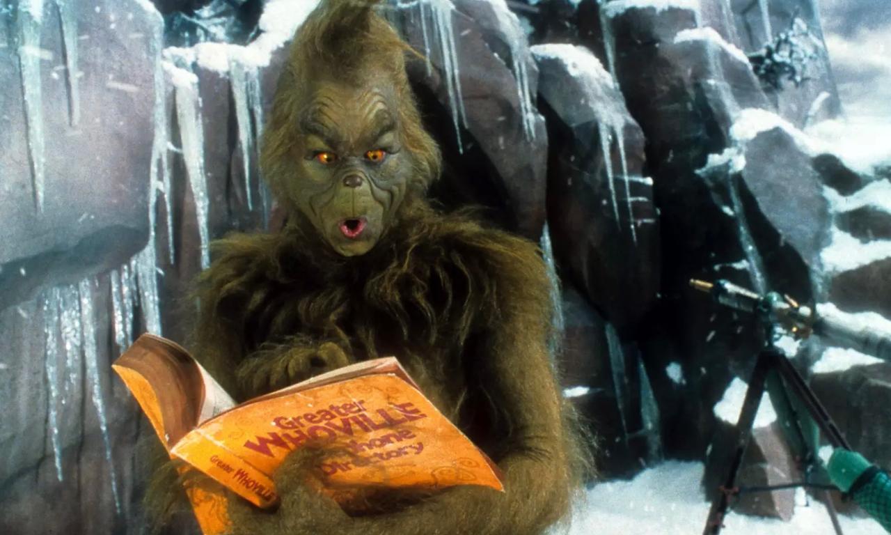 A still of Jim Carrey as The Grinch in How the Grinch Stole Christmas