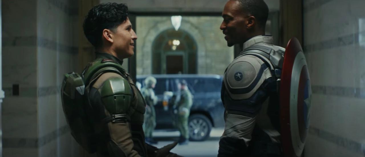 A still of Joaquin Torres in his Falcon suit and Sam Wilson's Captain America in Captain America: Brave New World