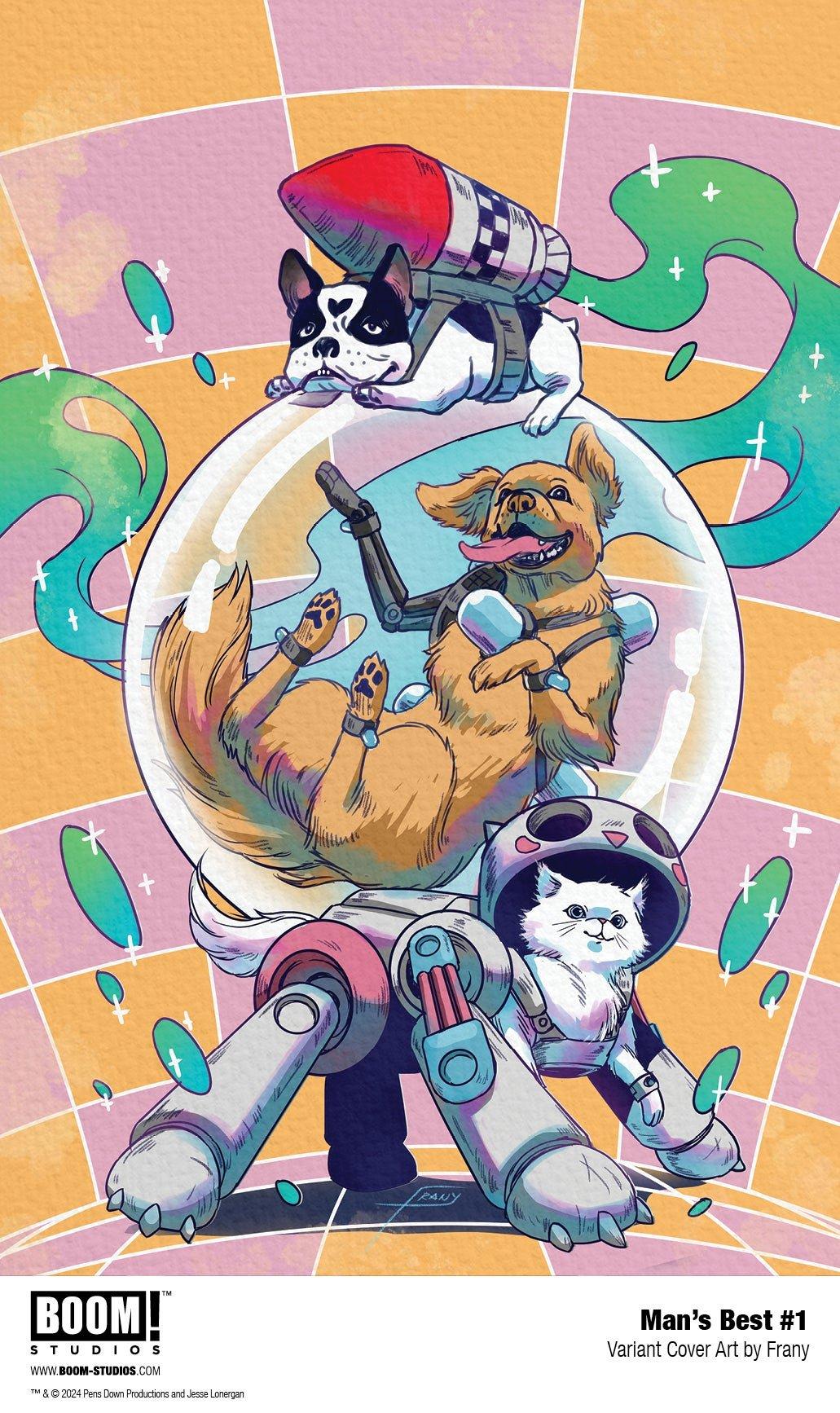 Variant covers and interior pages from Man's Best