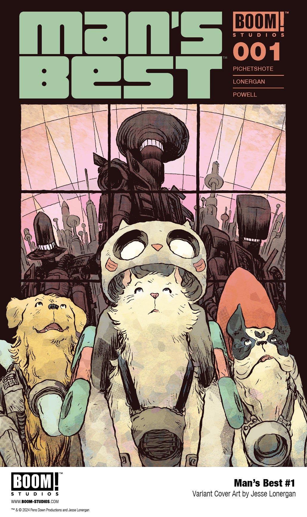 Variant covers and interior pages from Man's Best