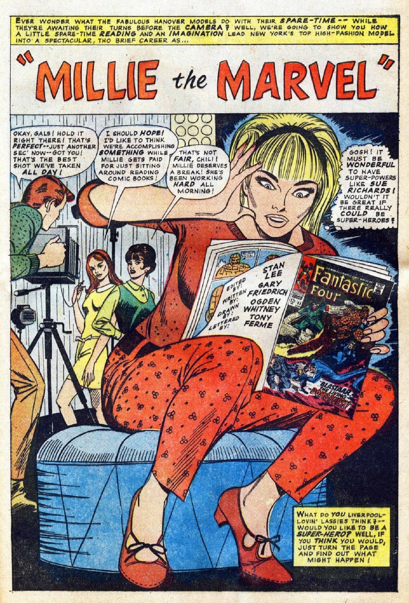 Millie reads a Fantastic Four comic in Modeling with Millie 54 (art by Ogden Whitney)