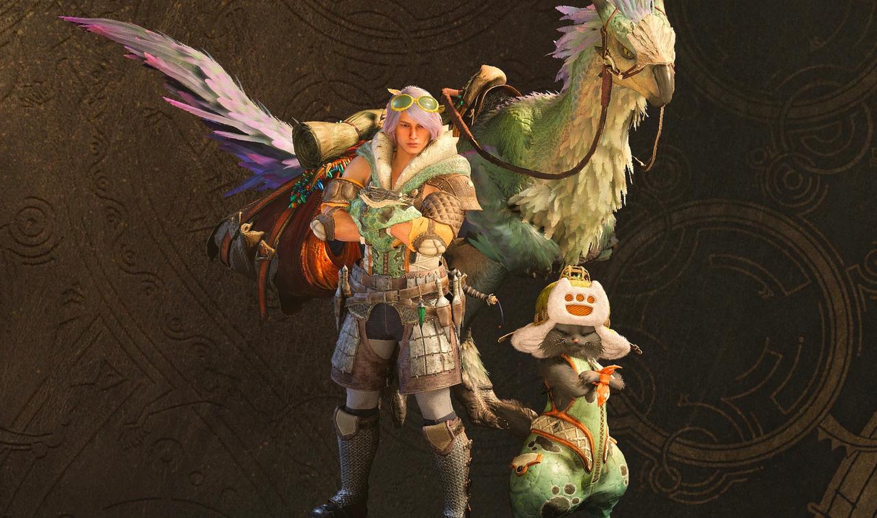 A screenshot of a hunter and a Palico in Monster Hunter Wilds
